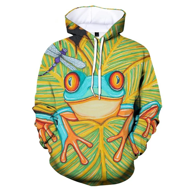 Sudadera con capucha con estampado 3D de ranas coloridas para hombre, sudadera con estampado divertido de animales, camisetas deportivas para exteriores, jerséis de calle de otoño, manga larga
