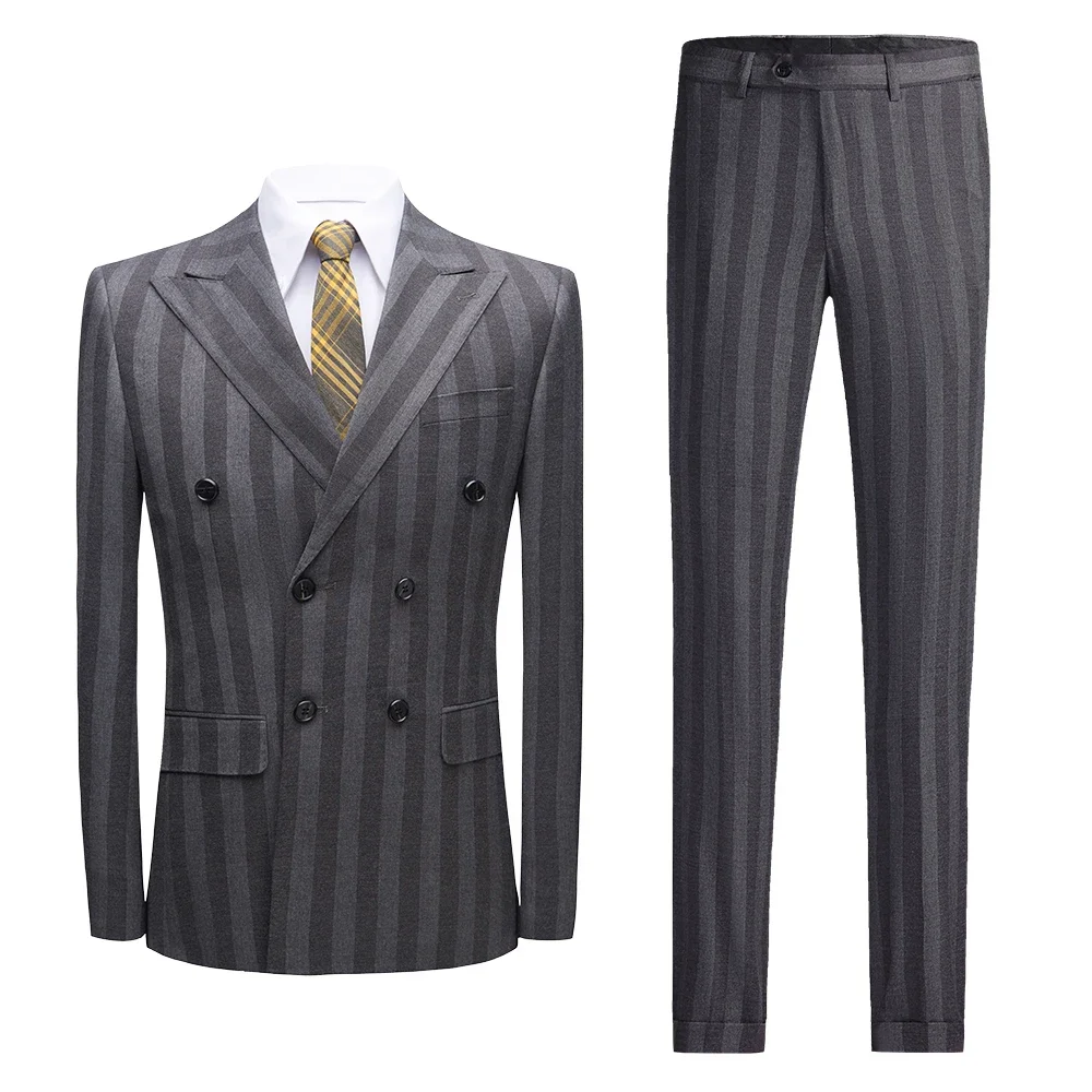 

Gray Double-Breasted Striped Gentleman Suit -High-End Tailored Elegance -3 Styles,Fits Big and Tall Mens