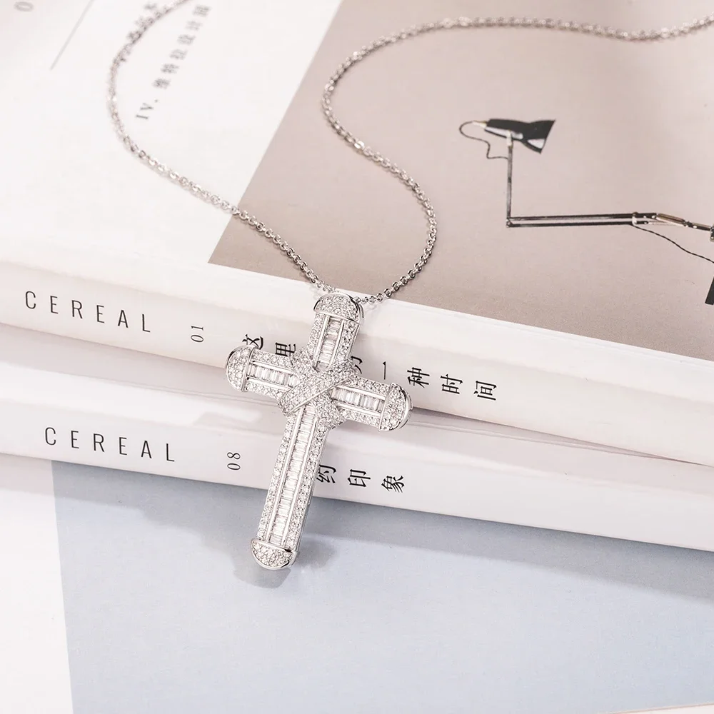 New 925 Silver Exquisite Bible Jesus Cross Pendant Necklace for women men Crucifix Charm Simulated Platinum Diamond Jewelry N028