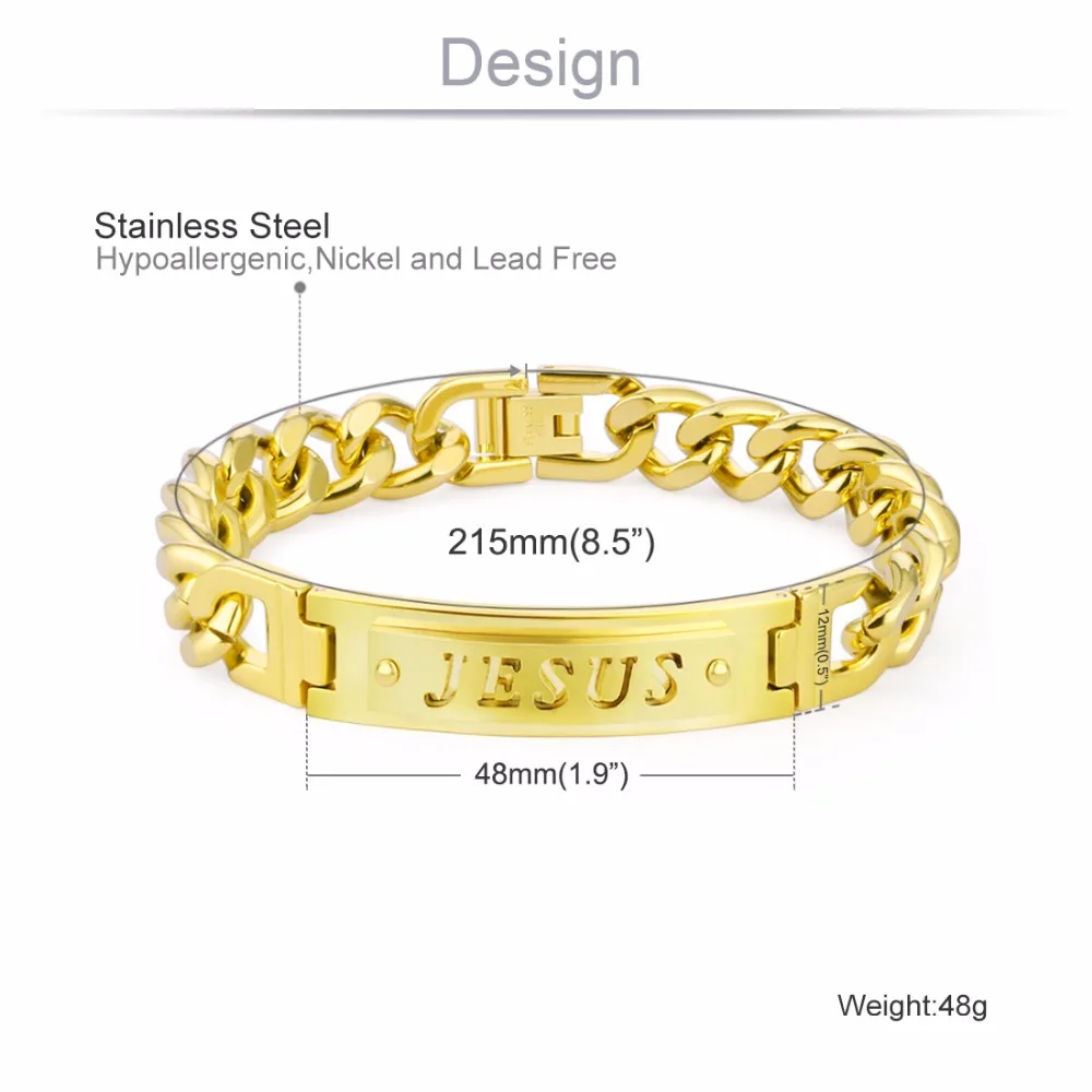 Men's Silver Stainless Steel Jesus Link Chain Bracelet