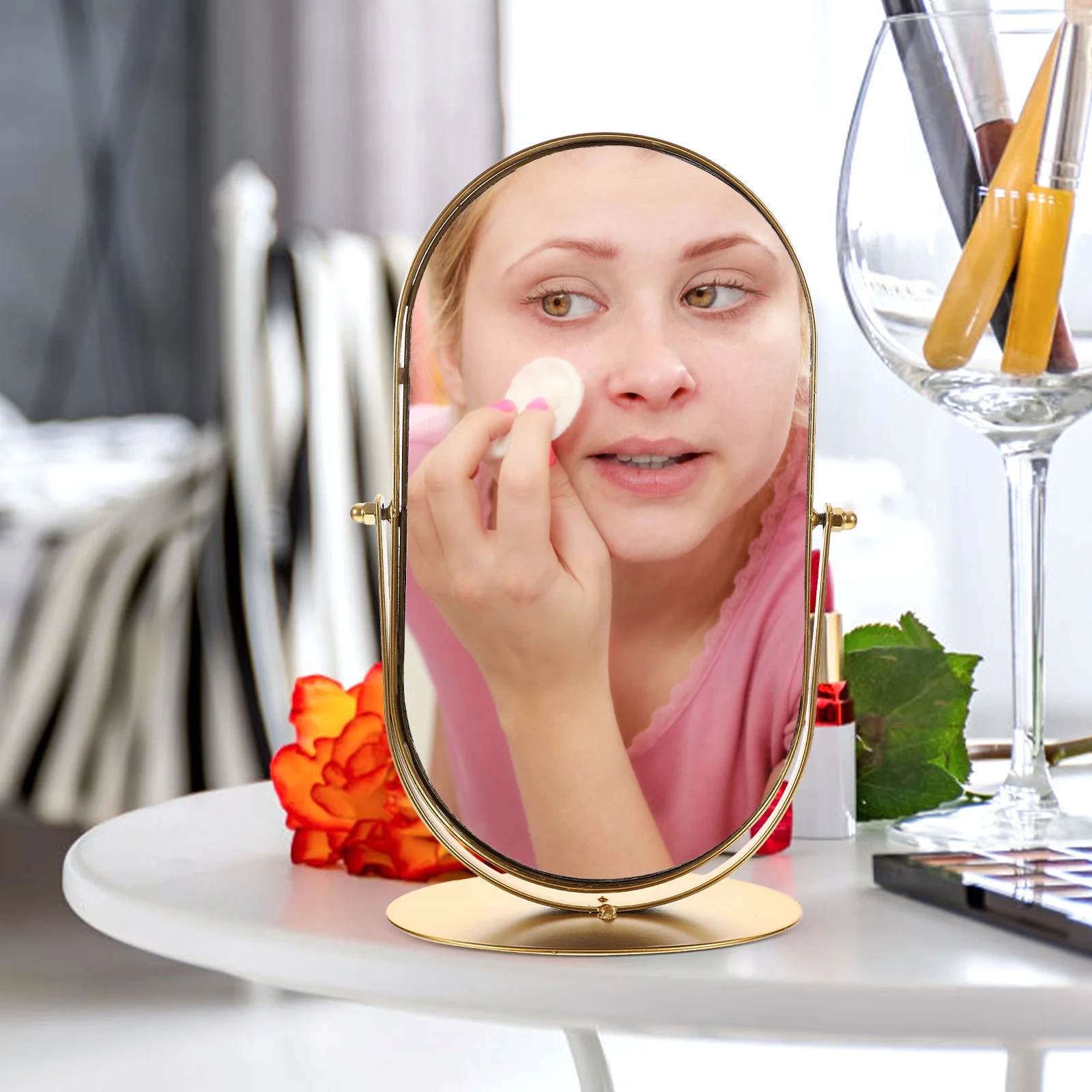 Mirror Single-sided Retro Metal Round Beauty Dressing Table (Small Gold) Tabletop Vanity Mirrors for Desk Makeup 5
