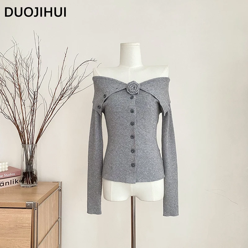 DUOJIHUI 그레이 시클리 슬래시 넥 슬림 여성 가디건, 긴 소매 싱글 브레스티드, 단색, 스위트 여성 가디건, 가을 패션