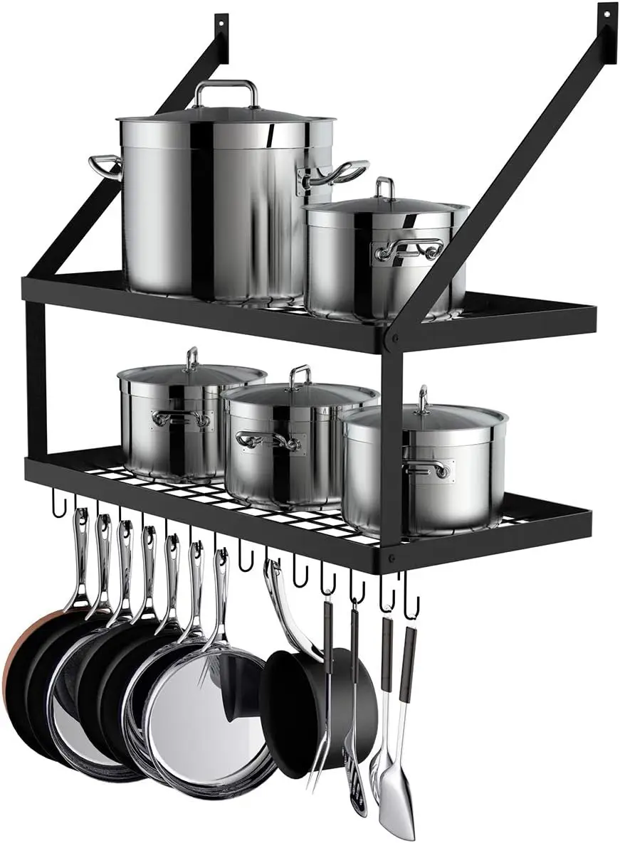 

Pot with 2-Tier 15 Hooks, Kitchen Shelves Cookware Hanging Storage Organizer, 29.5 by13.7-inch (Black), KR300B2