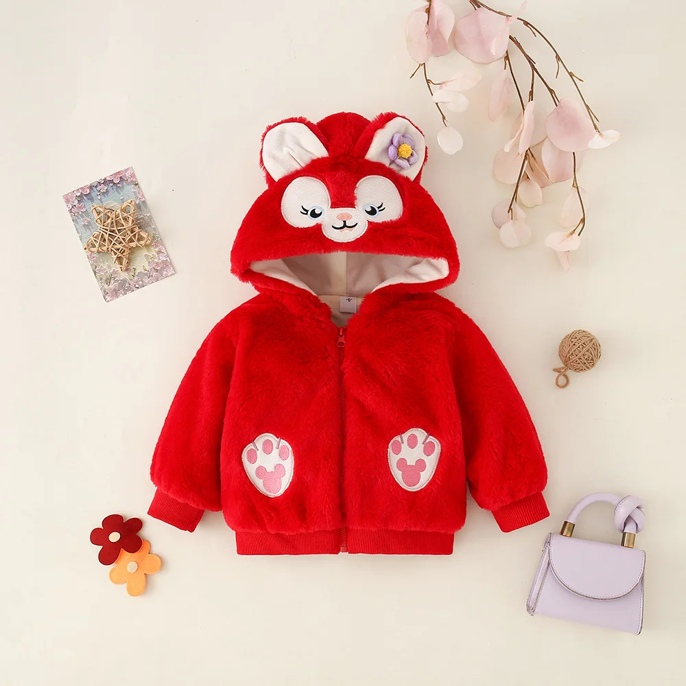 Girl's Fluffy Sweater With Cute Little Feet In Winter Cartoon Rabbit Hooded Zipper Cotton Jacket