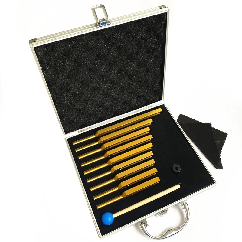 

9 Gold Tuning Forks For Body Immobilization With Aluminum Gift Box, Tuning Fork Set