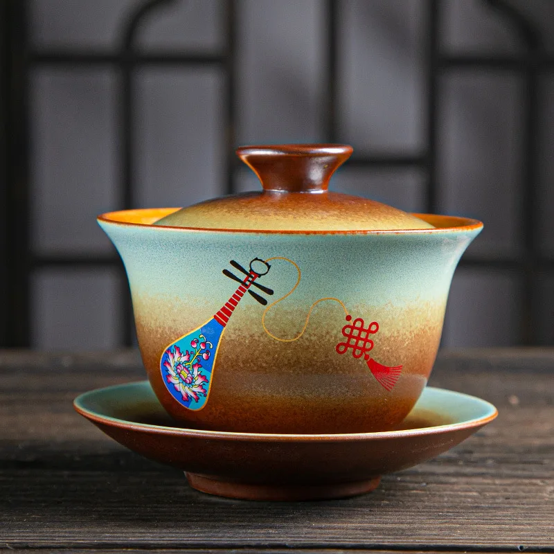 Chinese Ceramic Tea Tureen, Kungfu Tea Cup, Making Device, Ancient Pottery, Teaware Utensils, Vintage Firewood Sancai Gaiwan
