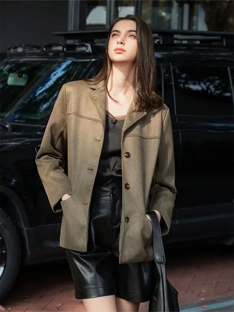 HH Women Vintage Solid Suede Blazer Coat Single Breasted Long Sleeve Lapel Jacket With Pockets Casual Office Lady Outerwear