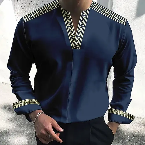 

Мужская рубашка в этническом стиле 2024, Топ с длинным рукавом и глубоким V-образным вырезом, модная мужская одежда, уличная одежда, повседневная праздничная одежда MB12