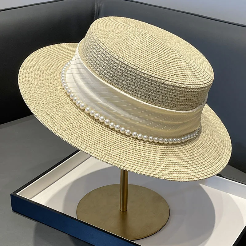 2024 Summer Elegant Pearl Chain Flat Sun Hats for Women Chapeau Feminino Straw Hat Panama Wide Brim Anti-UV Beach Cap Girl Topee