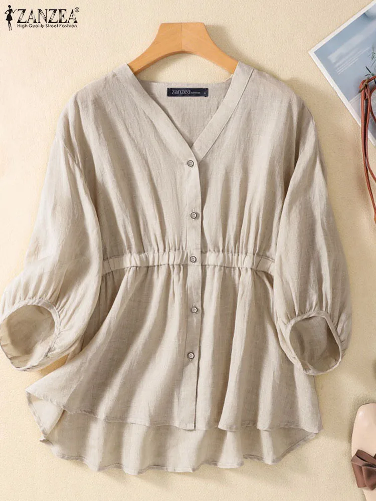

ZANZEA Pleats Elastic Waist Shirts 2023 Summer Women Casual Blouse Loose V Neck 3/4 Lantern Sleeve Tops Solid Blusas Oversize