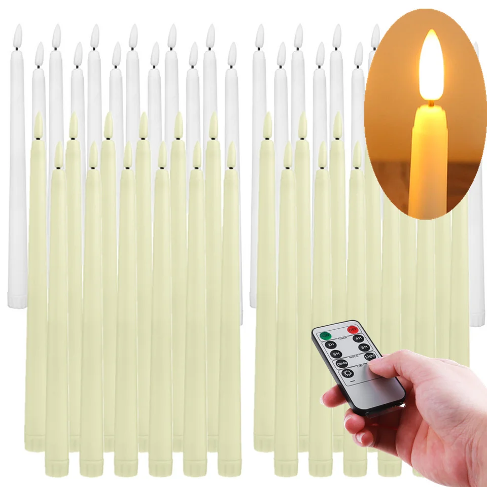 FREEPOWER Flameless Taper Candles – Real Wax, LED, 9.84" Tall With Remote & Timer, Set Of 6 (White)