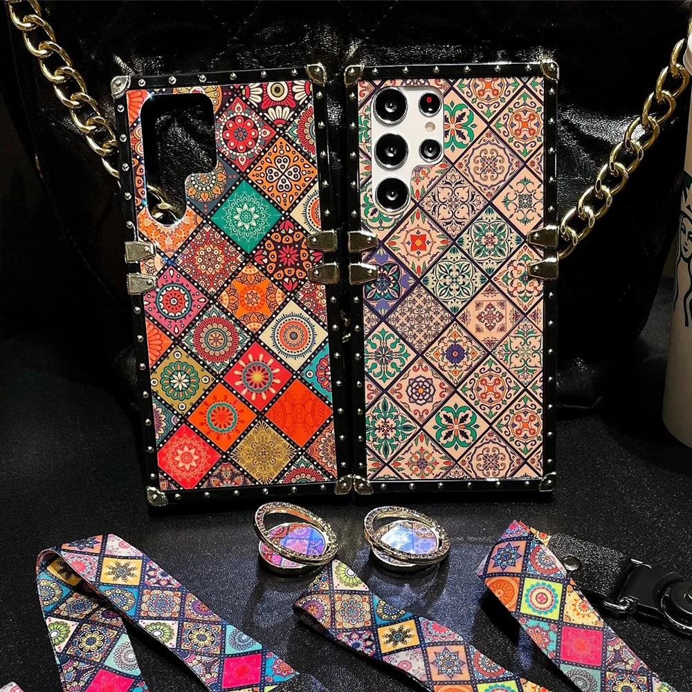 Luxury Glitter Vintage Pattern Flower Plaid Cover For Samsung Galaxy 23  Ultra Soft Square Phone Case for Samsung Galaxy S23 Plus