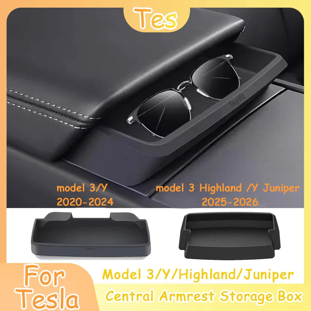 Central Armrest Storage Box For Tesla Model Y 3 Highland Juniper Car Glasses Phone Storage Case Multi Functional Accessories