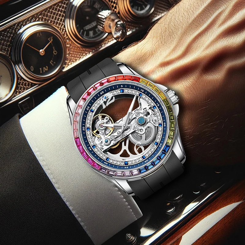 Primo piano di un polso che indossa un PACOSHOP24.COM Orologio automatico scheletrato tourbillon uomo con strass arcobaleno, con strass arcobaleno, all'interno di un'auto d'epoca, con i classici quadranti del cruscotto visibili sullo sfondo.