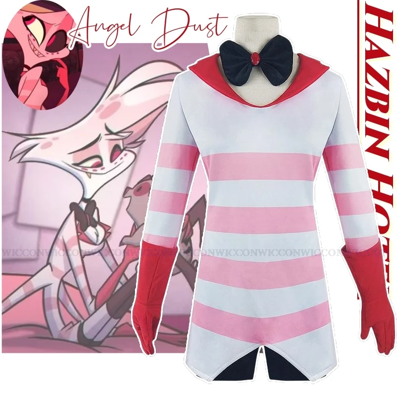 

Anime Hazbin Cosplay Hotel Costume Clothes Uniform Cosplay Angel Dust Red And White Stripes Sexy Dress Halloween Party Woman