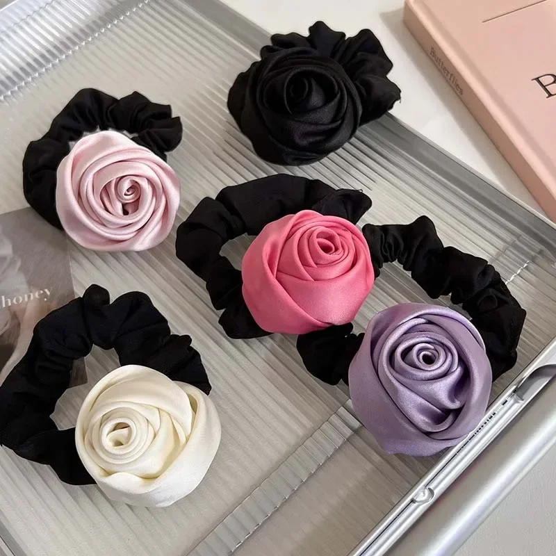 

Korean Pink Rose Satin Flower Elastic Hair Bands Hair Scrunchies For Women Elegant Big Flower Rubber Bands Hair Accessories