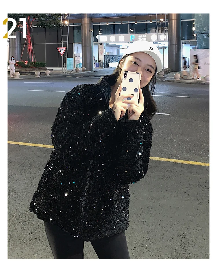 ladies parka coats Korean Chic Sequins Cotton Padded Jacket Women Warm Thick Short Puffer Coat Female Stand Collar Black Parkas Outwear long bubble coat