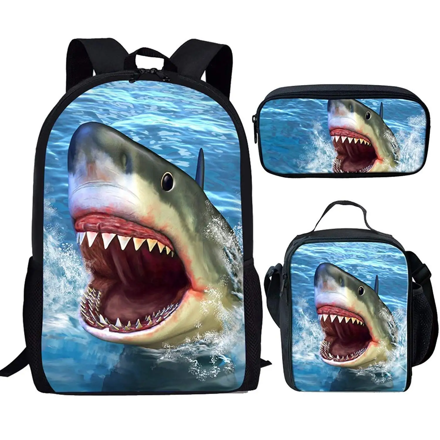 Shark Design 3Pcs School Bags Set for Teen Boys Girls Schoolbag Casual Backpack for Students Bookbag Large Capacity Backpack