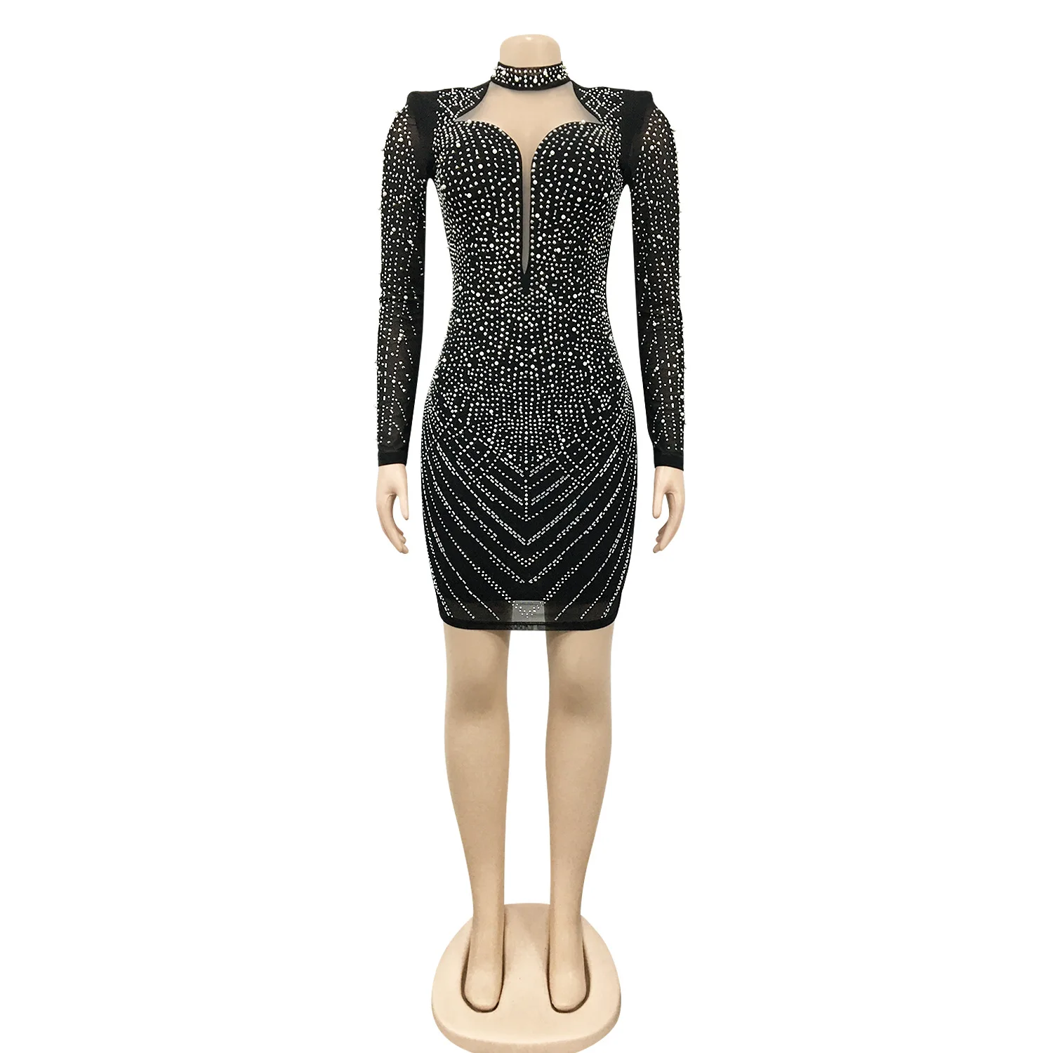 Women Sparkly Crystal Diamond Peal Club Party Long Sleeve Mesh Mini Dress  #SD | eBay