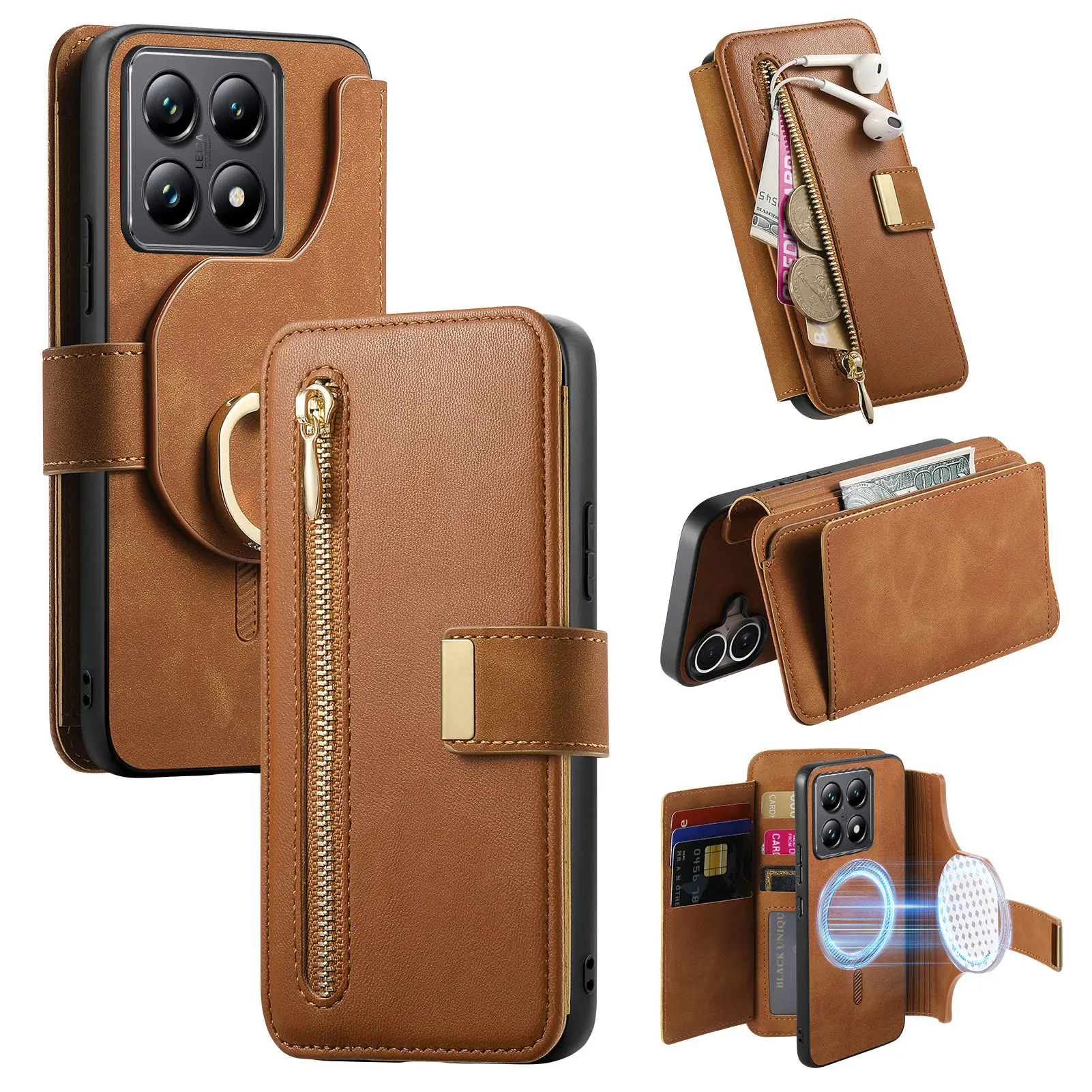 2-in-1 Detachable Zipper Wallet Leather Case with Magnetic Removable Cover