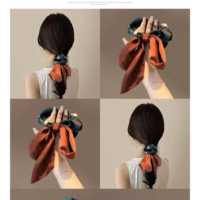 Premium Floral Print Ribbon Scrunchies — Vintage-Inspired Hair Ties with Elegant Tails for Stylish Ponytails