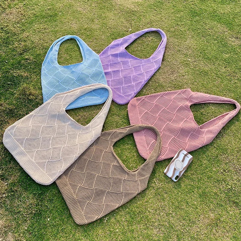 Stylish multi-functional knitting bag Women's  Retro hollow weave bag Wool Tote Bag Simple shoulder