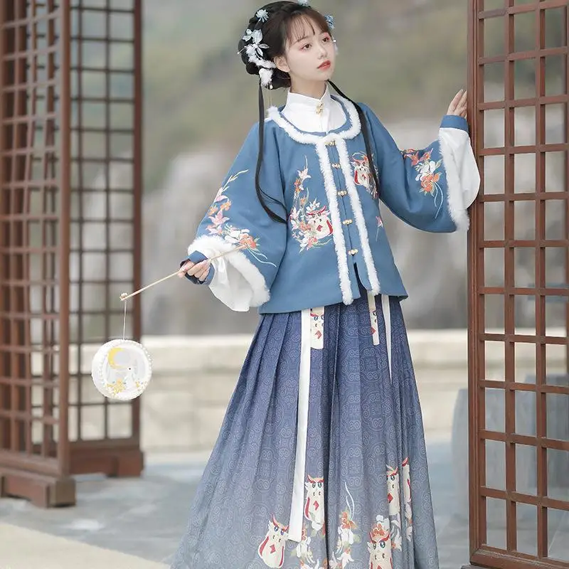 

Yourqipao Chinese Horse-faced Skirt Winter Freather Coat Skirt Sets Traditional Hanfu Dresses Women China New Year Party Hanbok