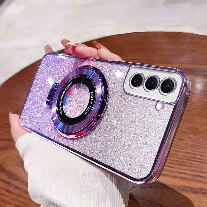 Glitter Plating Silicone Case with Holder and Stand - Compatible with Samsung Galaxy Series