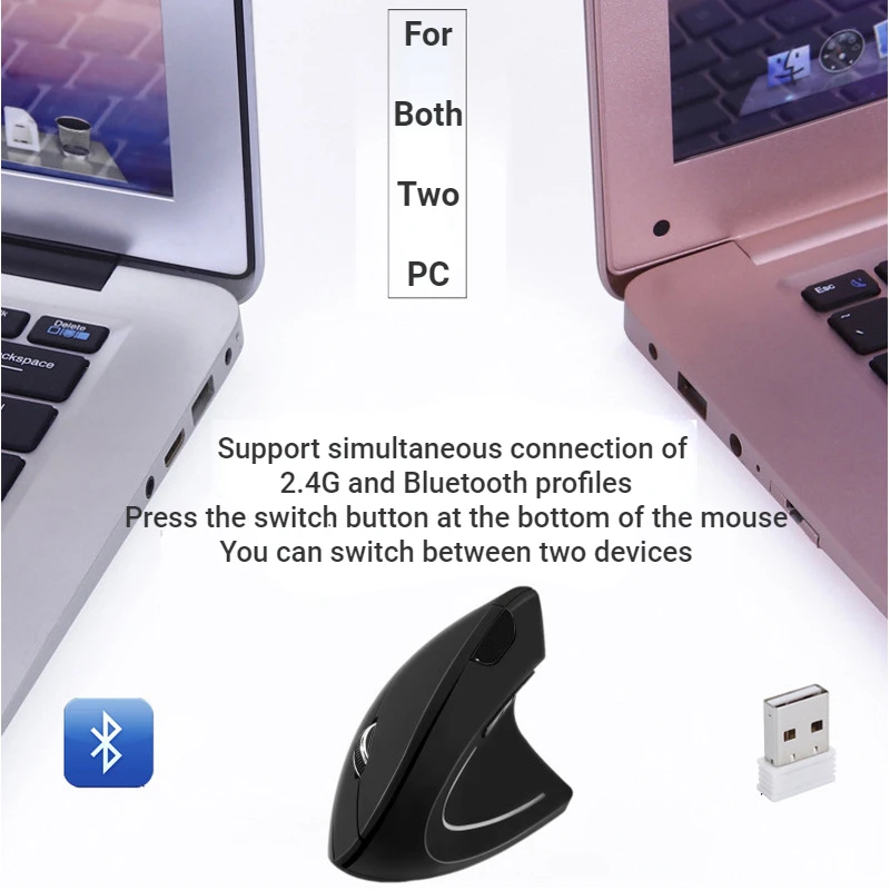 Mouse Vertical Bluetooth Mouse Óptico Ergonômico sem Fio Recarregável 2.4g Ratos de Mão Esquerda e Direita 1600 Dpi Laptop pc Mac Presente - Imagem 3