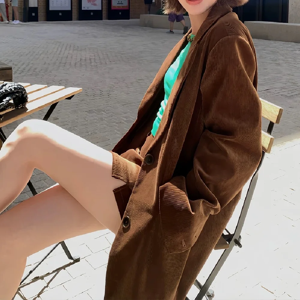 Maillard Style Coffee Notched Corduroy Blazer High Waist Front Slit Package Hips Skirt Suits 2 Pieces 1 Set