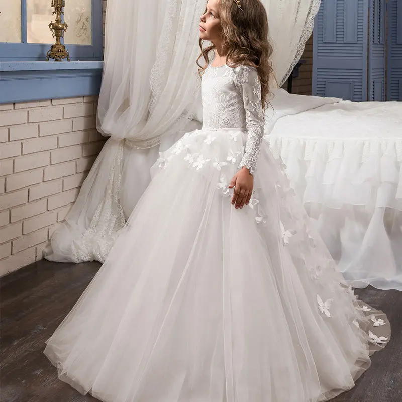 Fashion Ball Gown Baby Flower Girl Dresses Appliques Tulle Children Princess Wedding Birthday Party Long Sleeve Gowns