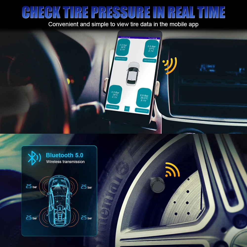 TPMS Bluetooth 5.0 Per Auto - Sistema Monitoraggio Pressione Pneumatici