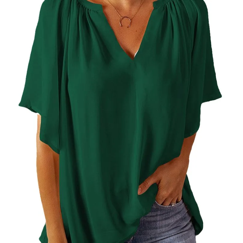 

2024 Summer New Loose V-neck Top Casual Fashion Asymmetric Solid Color Women's T-shirt Chiffon Shirt