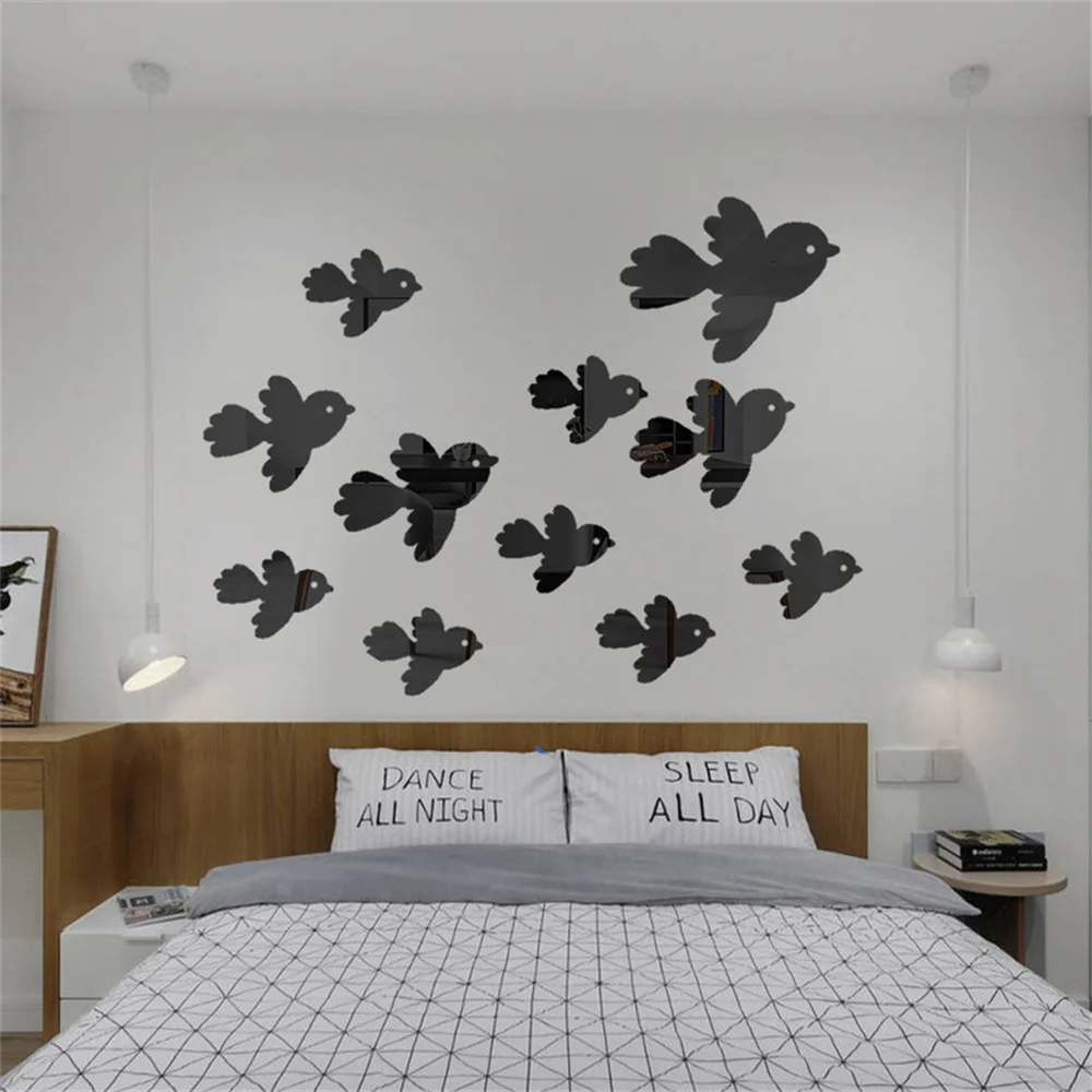 1set/12pcs 3D Little Bird Stickers Mirror Surface Decals DIY Self-adhesive Wall Art Mirror Stickers Home Decoration Mural Gift