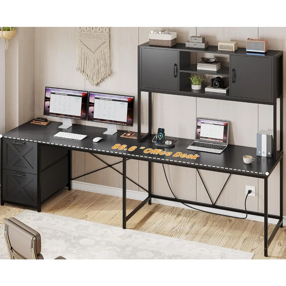 Corner Computer Desk, Reversible L Shaped Computer Desk with Fabric Drawers and Power Outlet, Gaming Desk with Led Lights, Hutc 2