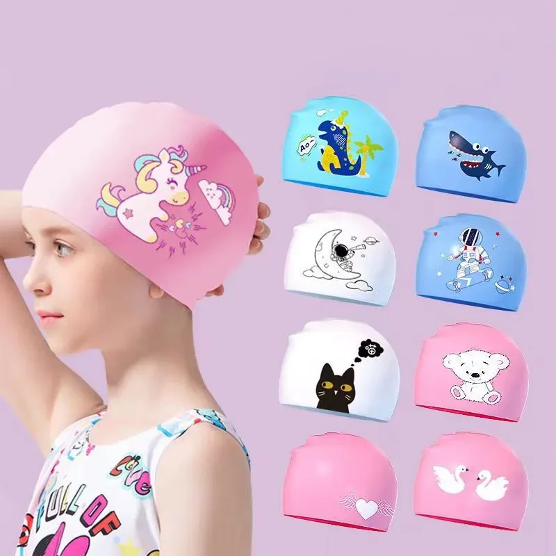 Kids Swimming Caps Ear Protection Soft Silicone Swimming Cap for Boys Girls Cute Cartoon Swim Cap Swimming Pool Accessories