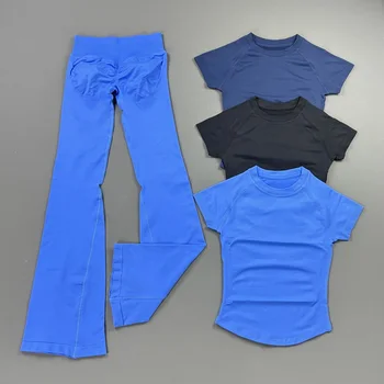 Ensemble 2 pièces de sport : haut moulant à manches courtes et pantalon évasé sans couture pour yoga, séchage rapide, idéal pour la gym et le sport
