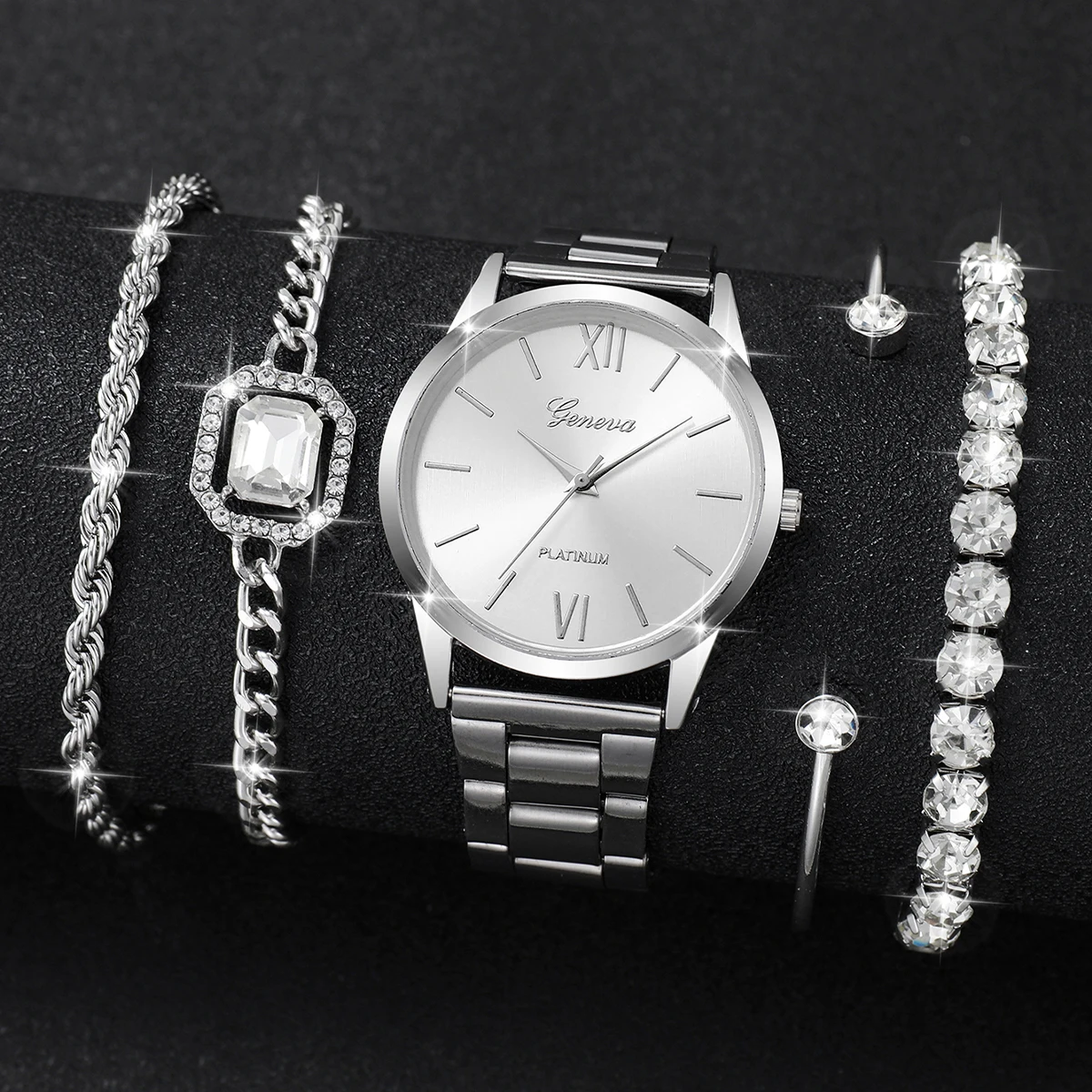 5PCs/Set Women's Luxury Watch Trend Simple Elegant Quartz Analog Watch Inlaid With Diamond Bracelet(Box not included)