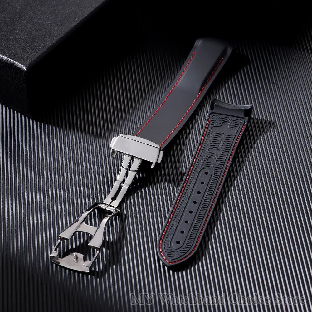 Curved End Waterproof Blue Black Rubber Watch Band, 20mm 22mm Silicone Strap