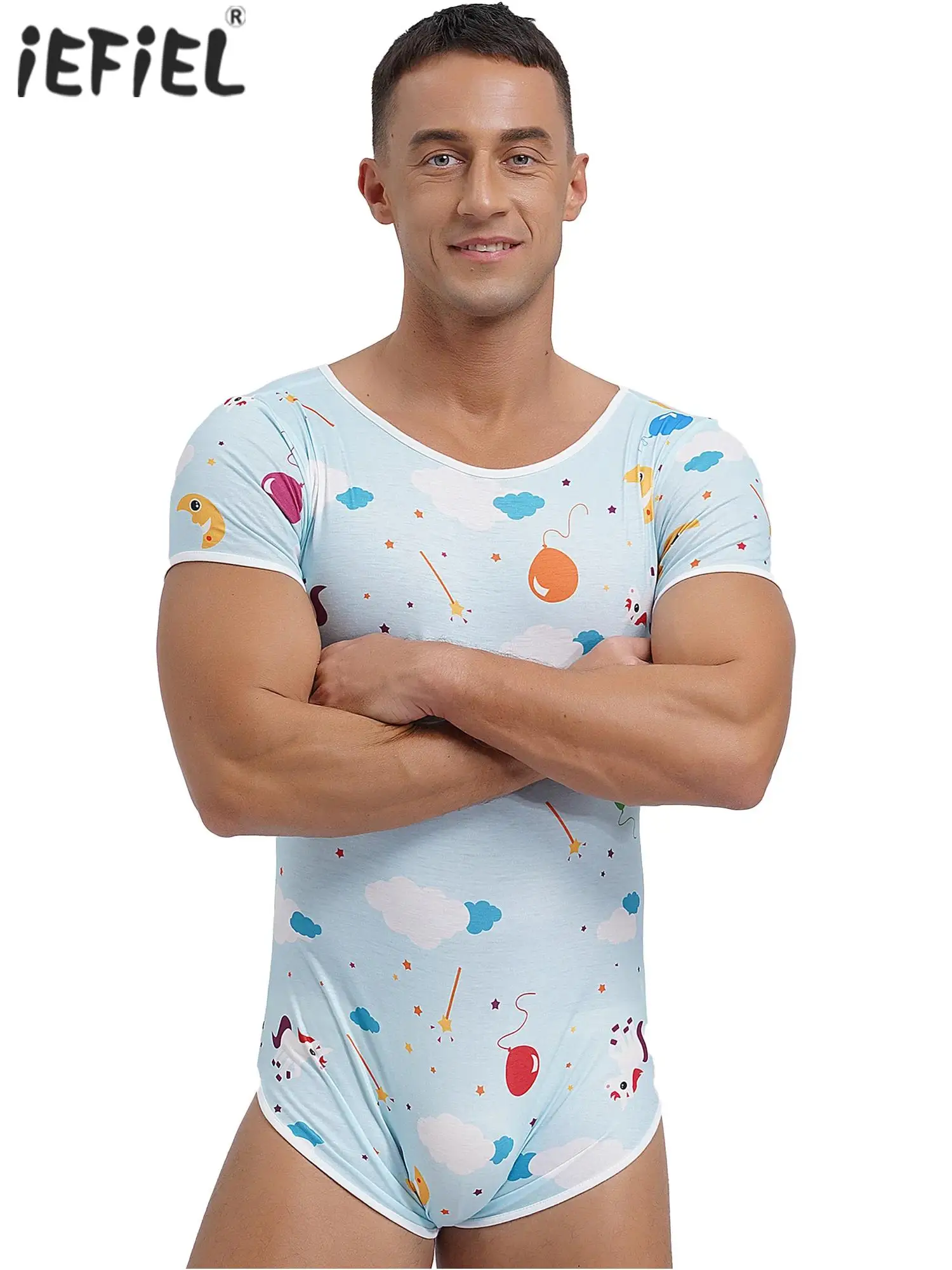 Sexy Mens Short Sleeve Buttoned Crotch Diaper Rompers Pajama Cute Cartoon Print Sissy Bodysuit Sleepwear Swimwear Bathing Suit men bodysuits men jumpsuits men lingerie