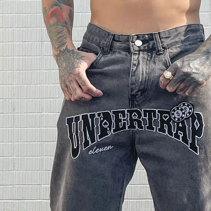 Pelzige Würfel Briefs tickerei blau Baggy Jeans Herren Retro Harajuku Hip  Hop Jeans hose Paar neutrale schwarze gerade Hose neu - AliExpress