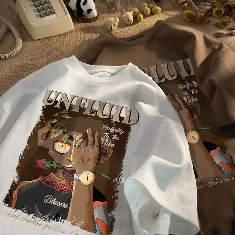 

American Retro Cartoon Pure Cotton Short Sleeved T-shirt for Men and Women Instagram Summer Loose Casual Couple Half Sleeved Top