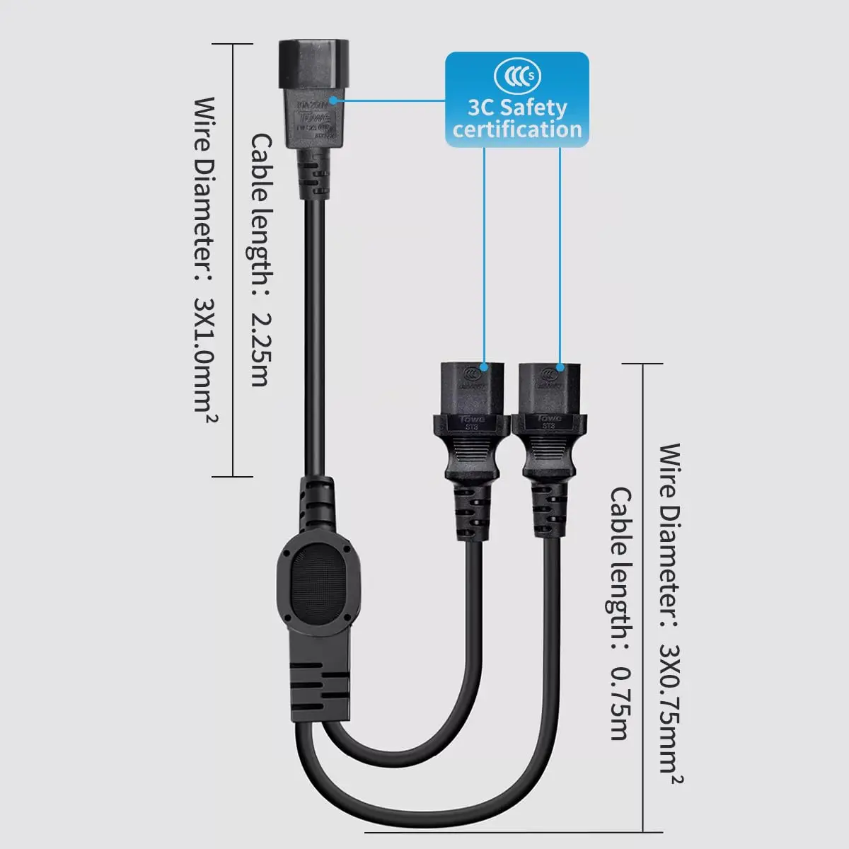 TOWE IEC C14-듀얼 C13 전원 분배 케이블 6.5 10FT 14/16 AWG 헤비듀티 10A 연장 코드 (PDU, 모니터, 서버, 컴퓨터용)