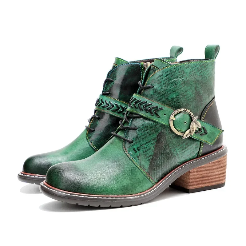 

Women Boots Watarproof Ankle Boots Belt Buckle ZIP Genuine leather Manual color wiping British Style Women Shoes green