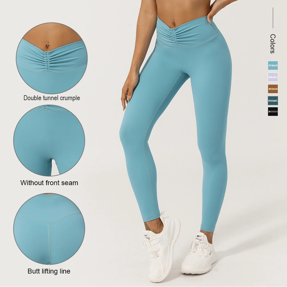 Wrinkled Waist Tightening Sports Leggings Lifting Buttocks No T-line Yoga Cropped Pants Fitness Gym Solid Color Workout Tights sports leggings,yoga pants,female tights