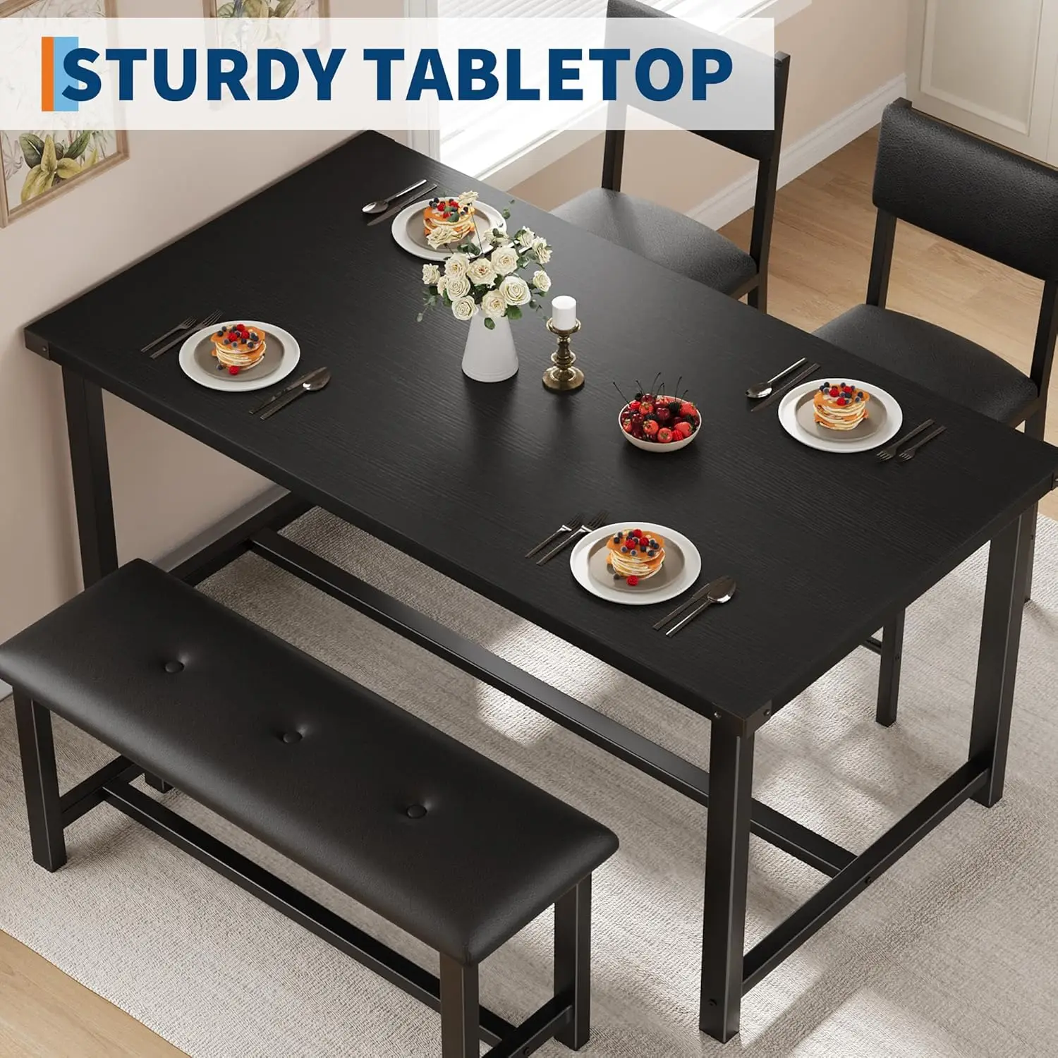 Esstisch-Set für 4 Personen, Küchentisch mit 2 gepolsterten Stühlen und Bank, Esszimmer-Set aus Holz, für kleine Räume, Wohnung, Zuhause – Detail 12