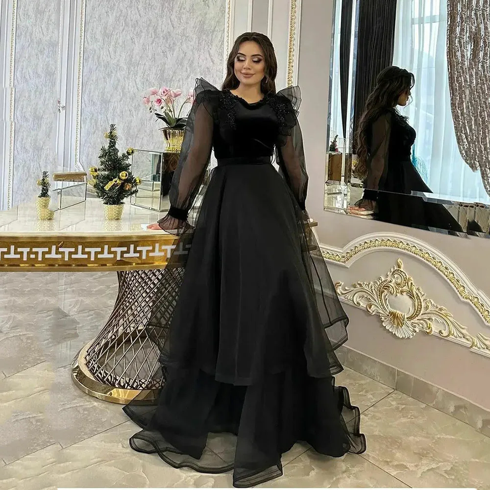 

SoDigne Long Sleeves Prom Dresses 2023 Black Tiered Tulle Formal Evening Dress Princess Women Arabic Wedding Party Gowns
