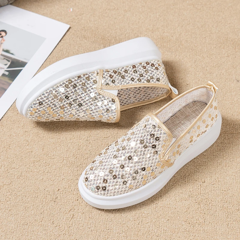 Rimocy Gold Silver Sequined Loafers Women 2022 Summer Slip on Breathable Mesh Casual Shoes Woman Thick Bottom Platform Flats