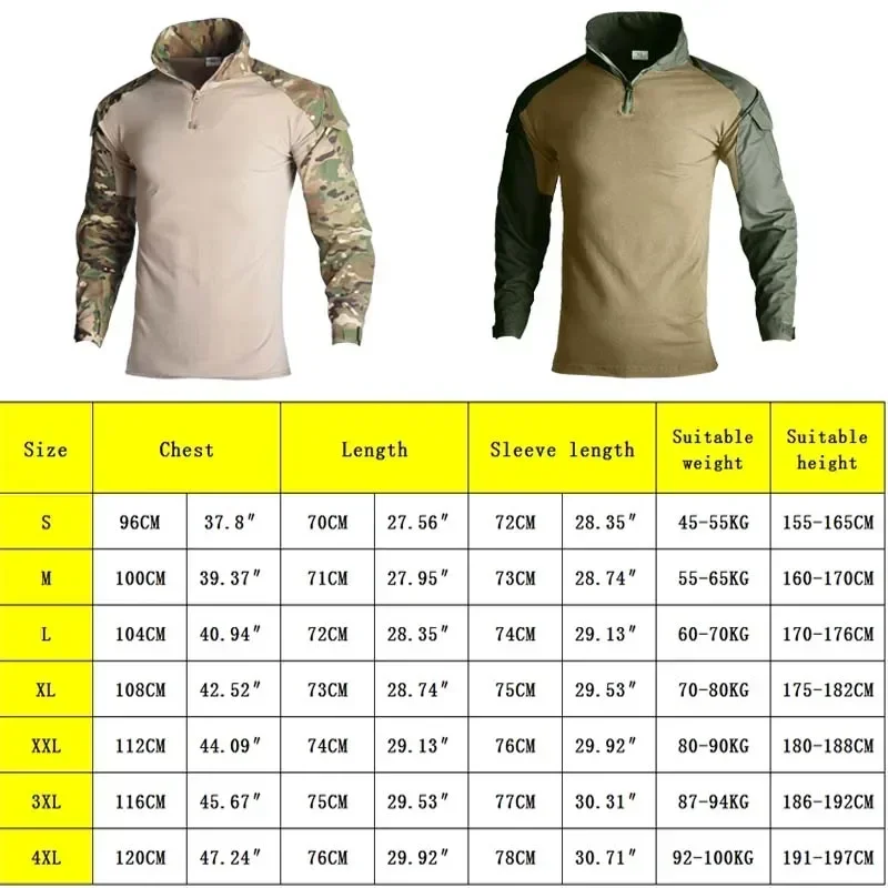 Outdoor Long Sleeve Tactical Shirts Combat Shirt 1/4 Zipper Ripstop Cotton Wear-resisting Camo Airsoft T Shirts Men Clothing 2