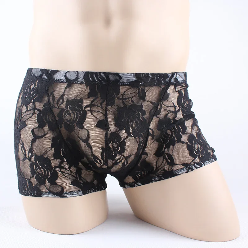 Lace transparent men's underwear red ultra-thin perspective shorts sexy U-convex breathable boxer pants